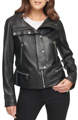 DKNY Spread Collar Leather Moto Jacket in Black