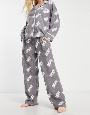 DKNY stretch fleece logo print gift wrapped revere top and pants pajama set in gray
