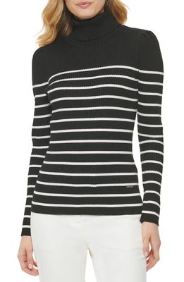 DKNY Stripe Turtleneck Sweater in Black/Ivory
