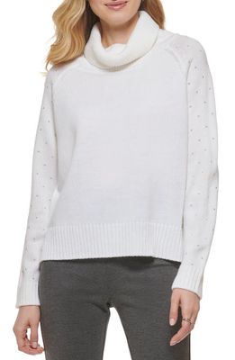 DKNY Studded Sleeve Cotton Turtleneck Sweater in Ivory/Silver