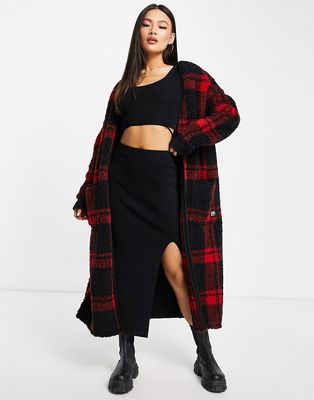 DKNY super soft sherpa cardigan with logo pocket detail in red plaid