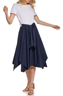 DKNY Tie Front Fit & Flare Dress in White/New Navy