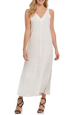 DKNY V-Neck Linen Maxi Dress in White