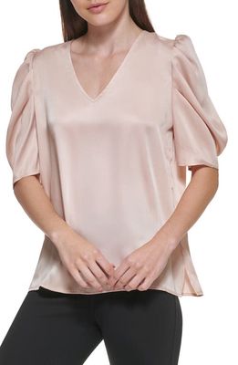 DKNY V-Neck Puff Sleeve Satin Top in Powder Nude