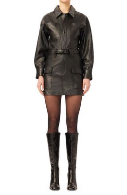DL1961 Coletta Belted Long Sleeve Leather Minidress in Obsidian