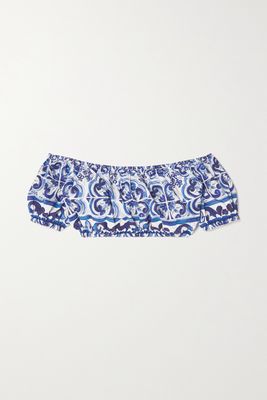 Dolce & Gabbana - Bardot Cropped Printed Cotton-poplin Top - Blue