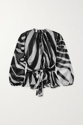 Dolce & Gabbana - Belted Gathered Zebra-print Chiffon Blouse - Black