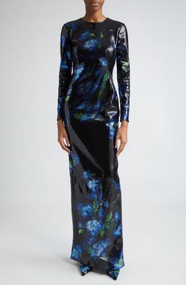 Dolce & Gabbana Bluebell Floral Long Sleeve Sequin Gown in Nero