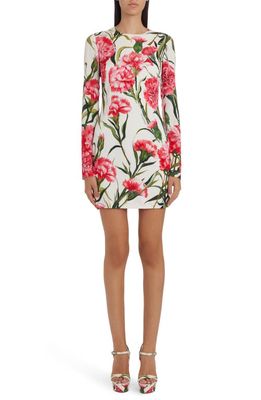 Dolce & Gabbana Carnation Print Long Sleeve Stretch Silk Charmeuse Dress in Natural White