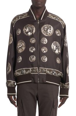 Dolce & Gabbana Coin Print Silk Twill Bomber Jacket in Dark Brown