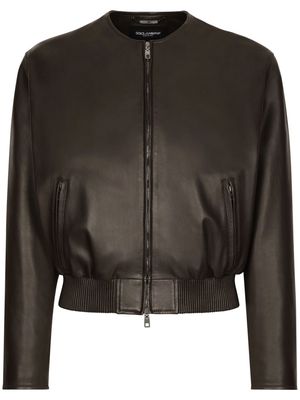 Dolce & Gabbana collarless leather bomber jacket - Brown