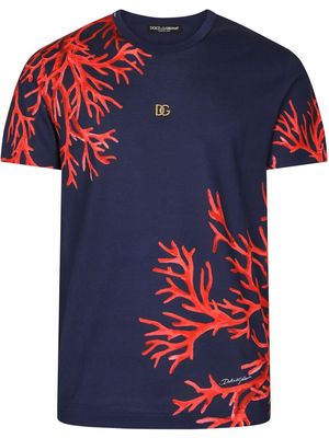 Dolce & Gabbana coral-print logo-patch T-shirt - Blue