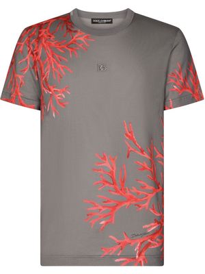 Dolce & Gabbana coral-print logo-patch T-shirt - Grey