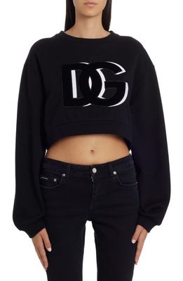 Dolce & Gabbana Crop Flocked Logo Cotton Blend Sweatshirt in Black