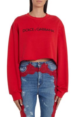 Dolce & Gabbana Crop Logo Raw Hem Cotton Sweatshirt in Red