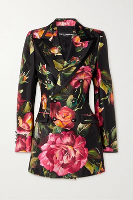 Dolce & Gabbana - Double-breasted Satin-trimmed Floral-print Silk Blazer - Black
