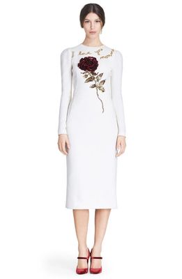 Dolce & Gabbana Embellished Long Sleeve Wool Crepe Dress in White