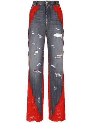 Dolce & Gabbana floral-lace wide-leg jeans - Red