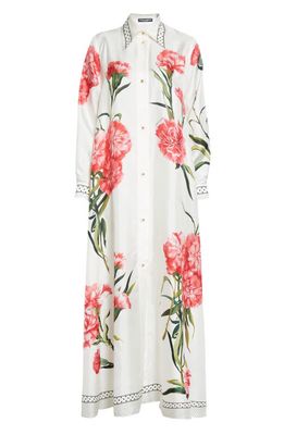 Dolce & Gabbana Floral Long Sleeve Stretch Silk Shirtdress in Natural White