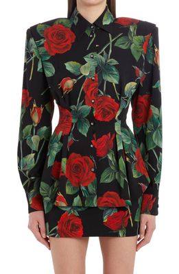 Dolce & Gabbana Floral Padded Shoulder Stretch Silk Button-Up Blouse in Hn2Zo Rose Fdo Nero