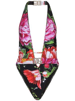 DOLCE & GABBANA floral-print halterneck swimsuit - Black