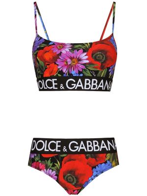 DOLCE & GABBANA floral-print logo-trim bikini - Black