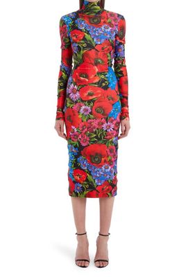 Dolce & Gabbana Floral Print Turtleneck Jersey Midi Dress in Hn3Vr Rose Rosse Fdo Nero