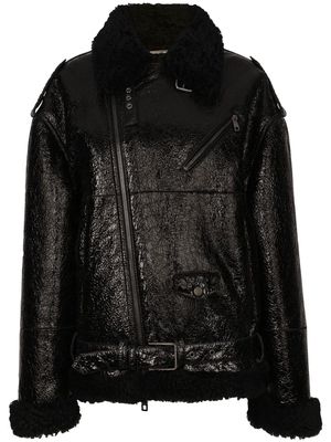 Dolce & Gabbana frilled-collar pebbled leather jacket - Black