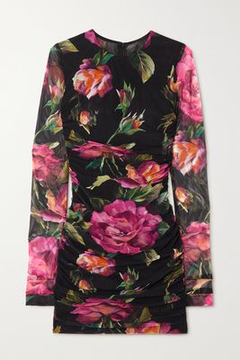 Dolce & Gabbana - Gathered Floral-print Stretch-tulle Mini Dress - IT36