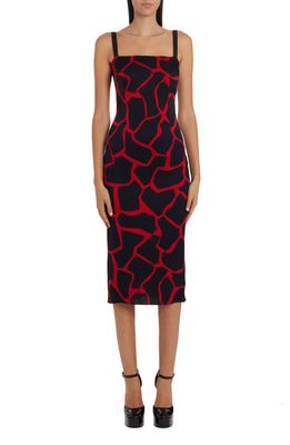 Dolce & Gabbana Giraffe Print Square Neck Stretch Silk Dress in Bright Red/Black