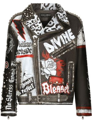 Dolce & Gabbana graffiti-print leather jacket - Black