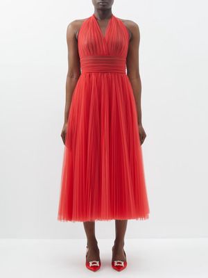 Dolce & Gabbana - Halterneck Pleated Tulle Midi Dress - Womens - Red