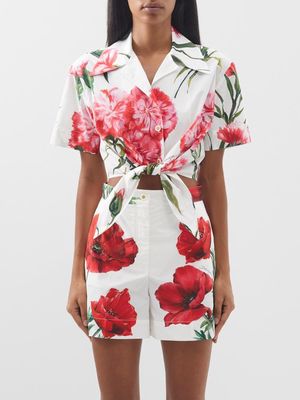 Dolce & Gabbana - Happy Garden Printed Cotton Tie-front Shirt - Womens - White Print