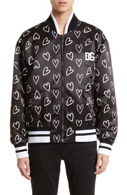 Dolce & Gabbana Hearts Satin Bomber Jacket in Black/Whit