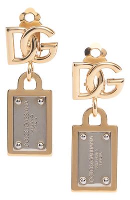 Dolce & Gabbana ID Tag Mixed Metal Drop Earrings in Two-Color Gold