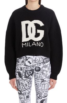 Dolce & Gabbana Intarsia Knit Logo Crop Virgin Wool Rib Sweater in S9000 Variante Abbinata