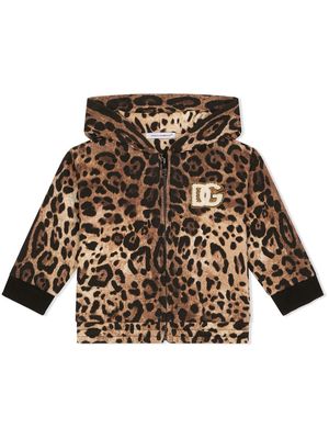 Dolce & Gabbana Kids animal-print logo-patch hoodie - Brown