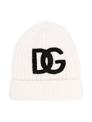 Dolce & Gabbana Kids brushed-logo virgin wool ribbed beanie - White