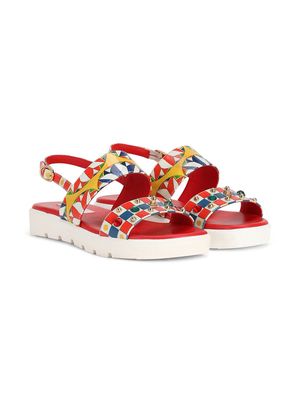 Dolce & Gabbana Kids Carretto-print bejewelled leather sandals - Red