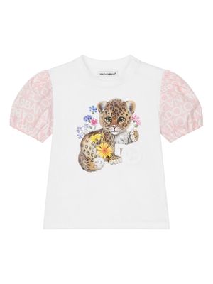 Dolce & Gabbana Kids cat-print puff-sleeve T-shirt - White