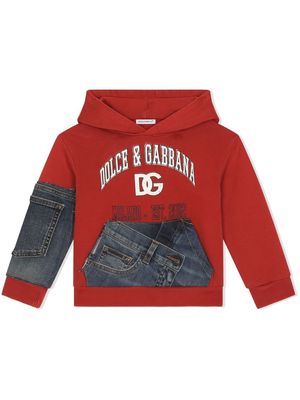 Dolce & Gabbana Kids denim-panelled pullover logo hoodie - Red