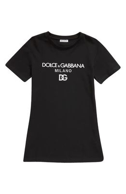 Dolce & Gabbana Kids' Embroidered Logo Stretch Cotton Graphic T-Shirt Dress in Black