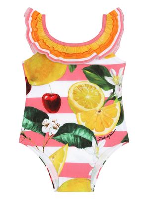 Dolce & Gabbana Kids fruit-print ruffle-detail swimsuit - White