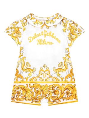 Dolce & Gabbana Kids Jersey onesie with yellow majolica print and Dolce&Gabbana logo