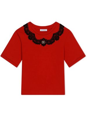 Dolce & Gabbana Kids lace-trim logo plaque T-Shirt - Red