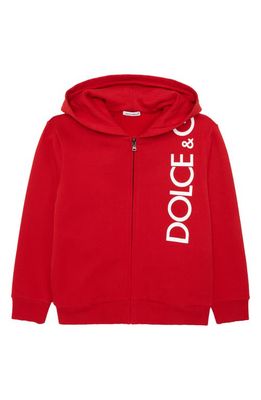Dolce & Gabbana Kids' Logo Graphic Full Zip Hoodie in Nail Red