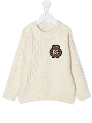 Dolce & Gabbana Kids logo-patch cable-knit jumper - Neutrals