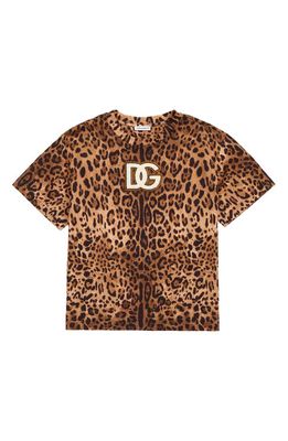 Dolce & Gabbana Kids' Logo Patch Leopard Print Cotton T-Shirt in Hk93M Leo Fdo Nocciola