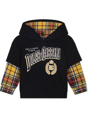 Dolce & Gabbana Kids logo-print tartan-sleeve hoodie - Blue
