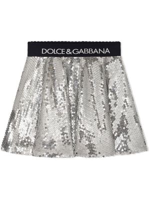 Dolce & Gabbana Kids logo-waistband sequinned midi-skirt - Silver